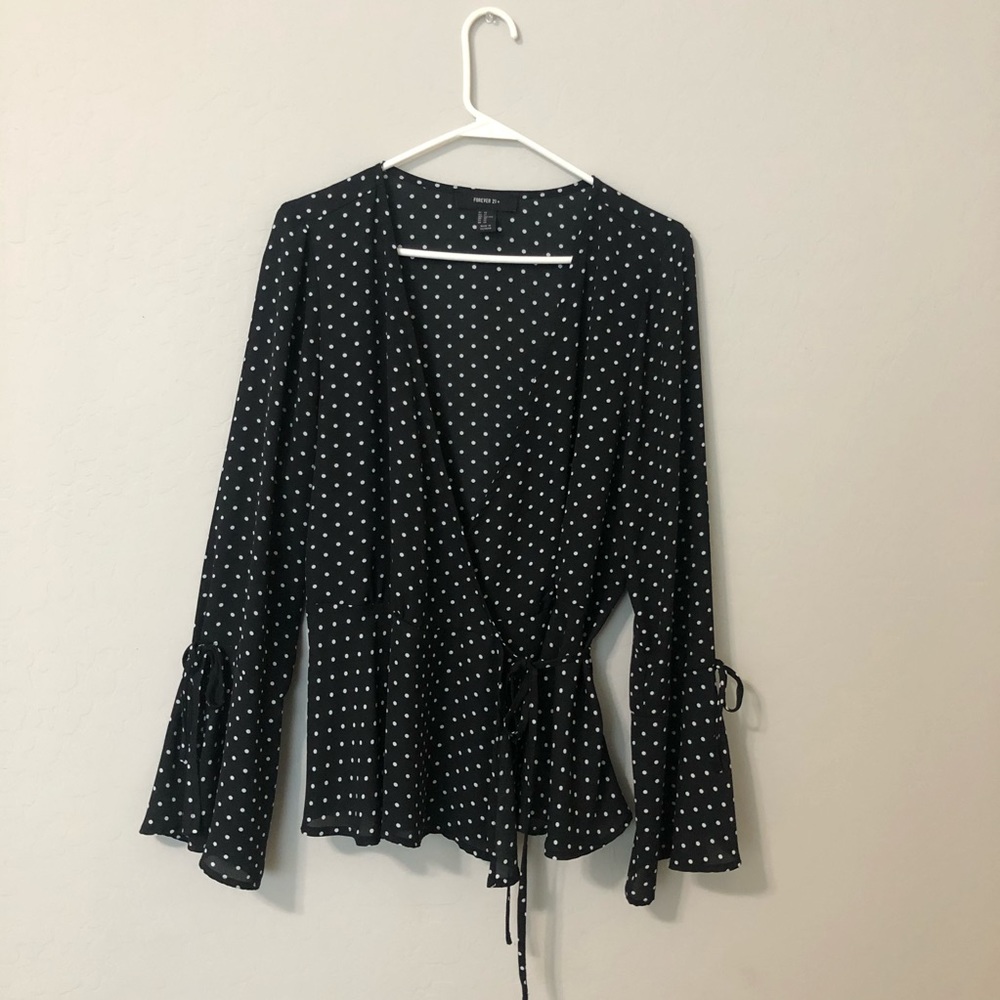 Polka Dot Wrap Blouse with Bell Sleeves | EUC